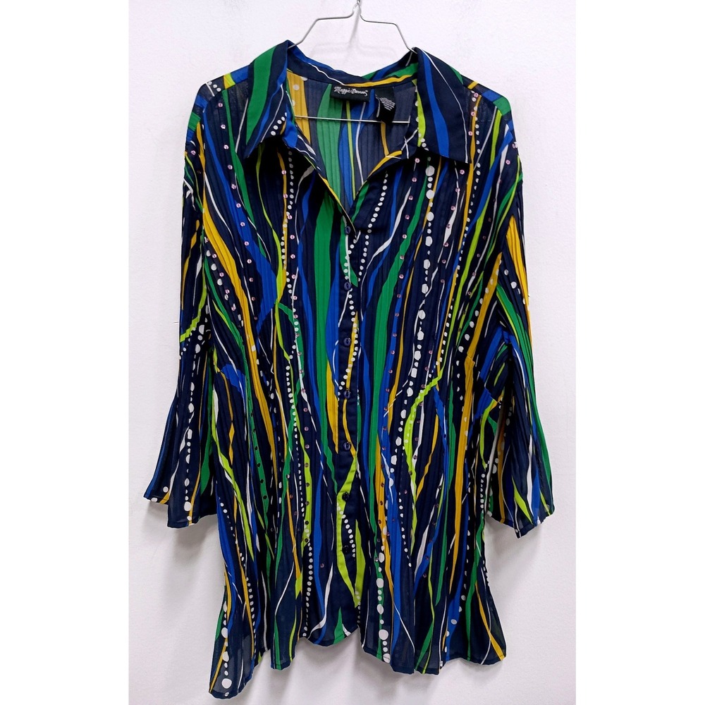Maggie Barnes Wearable Art Top Womens 1X Blue Abstract Pleated Long Sleeve